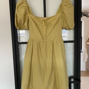 Camila Coelho Yellow Linen Smocked Puff Sleeve Mini Dress Tie Front Pockets M